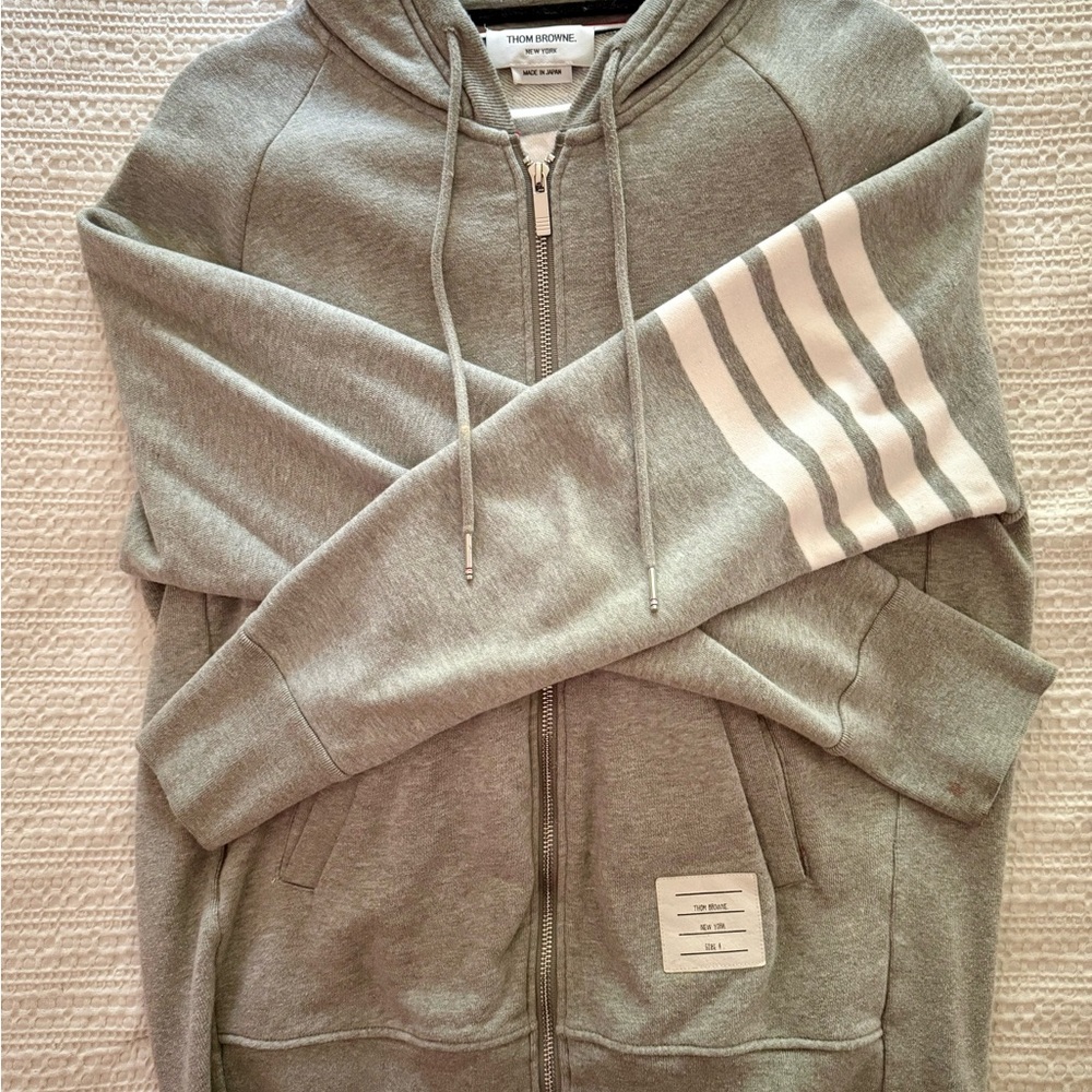 Thom Browne Gray Zip-Up with White Label